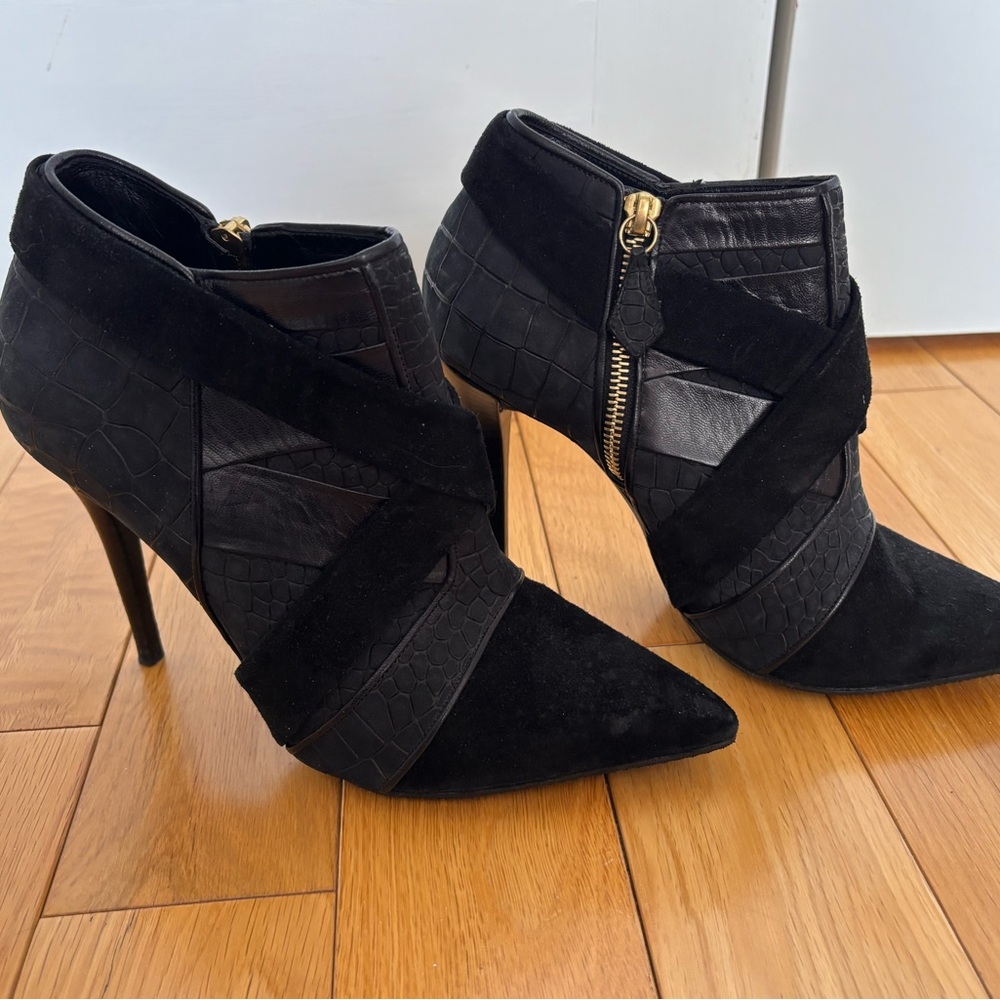 Narciso Rodriguez Black Suede & Croc-Embossed Leather Pointed Ankle Boots